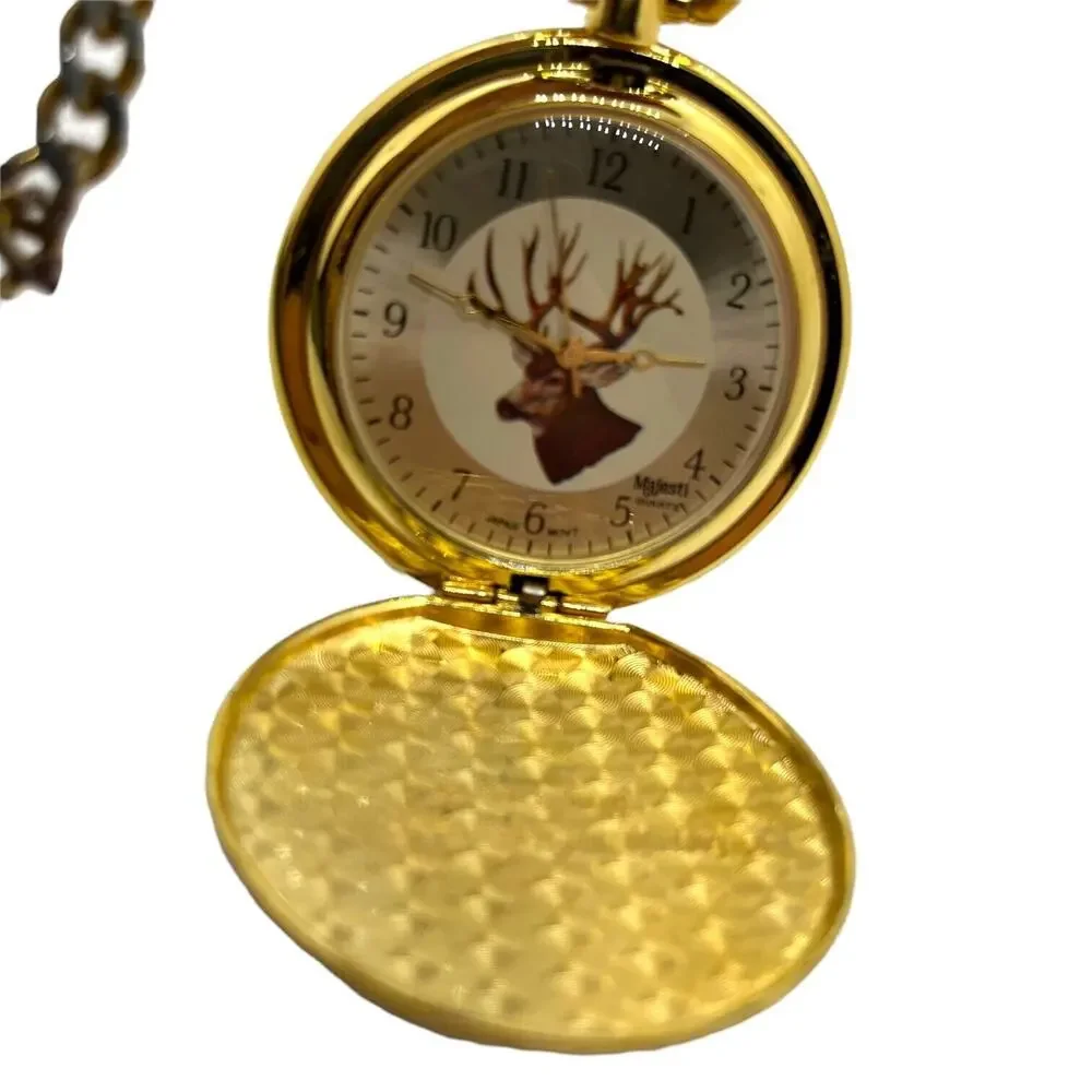 Pocket Watch Mule Deer Stag Majesti Quartz Japan Movt Mechanical Battery Gold